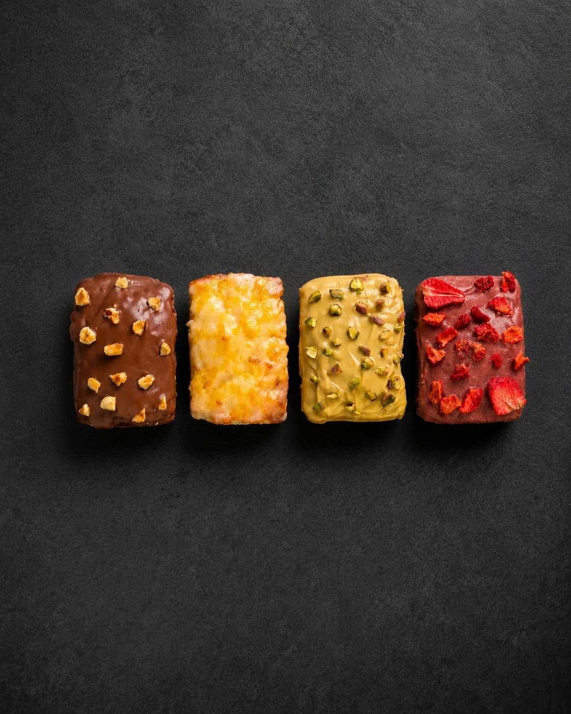 Quatre mini cakes glacés alignés